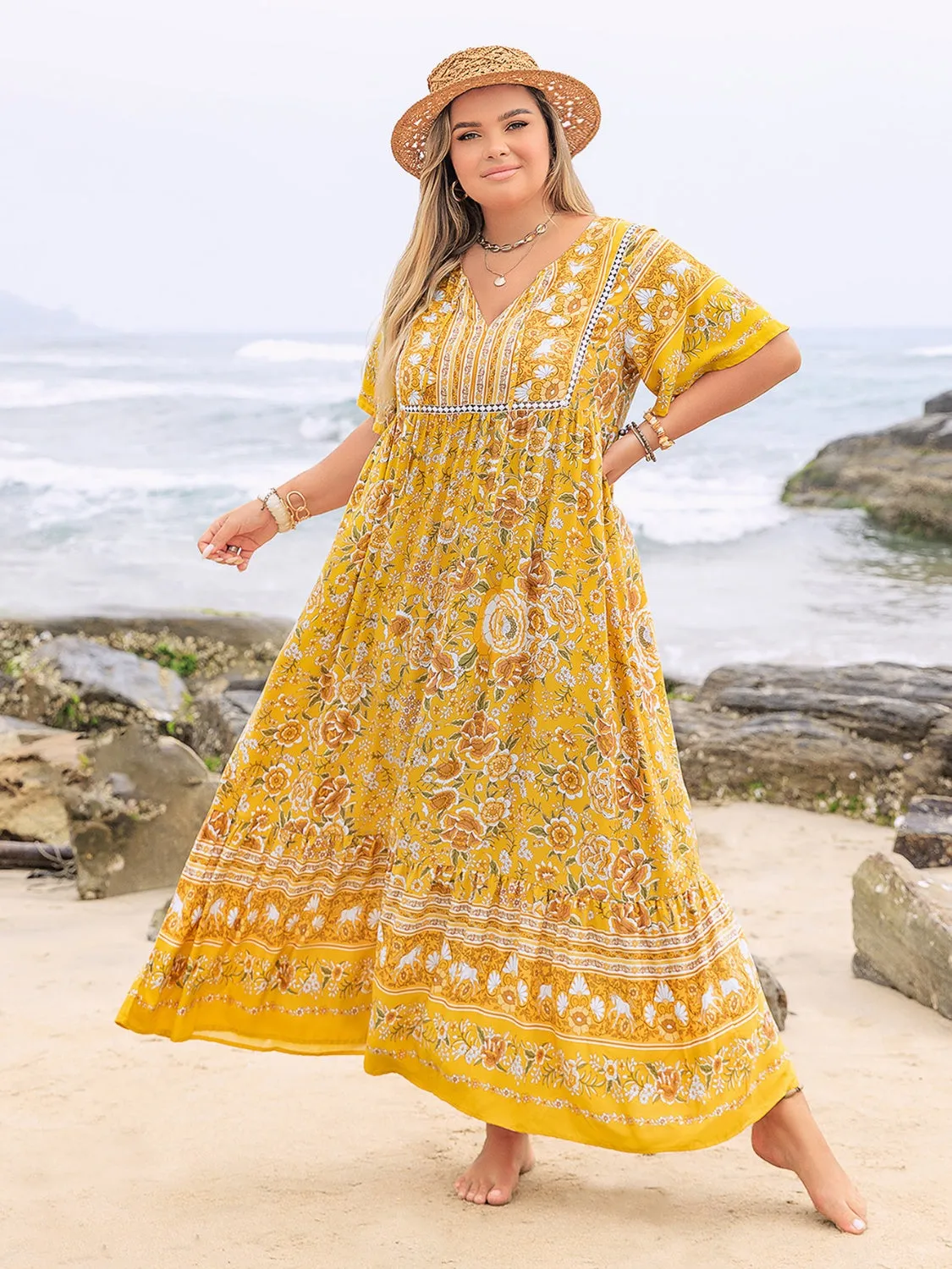 Hazel Blues® | Floral Tie Neck Flutter Sleeve Maxi Dress