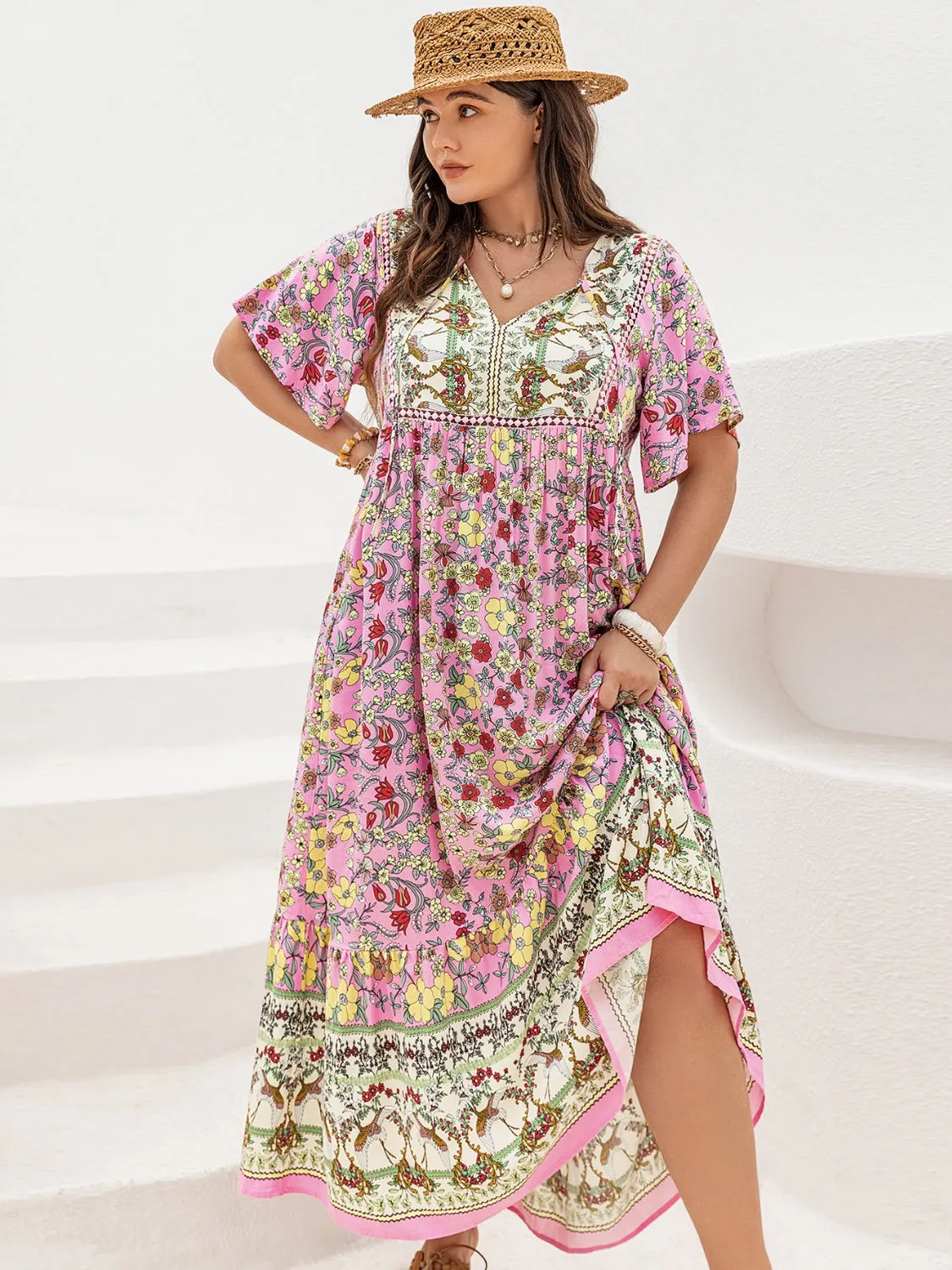 Hazel Blues® | Floral Tie Neck Flutter Sleeve Maxi Dress