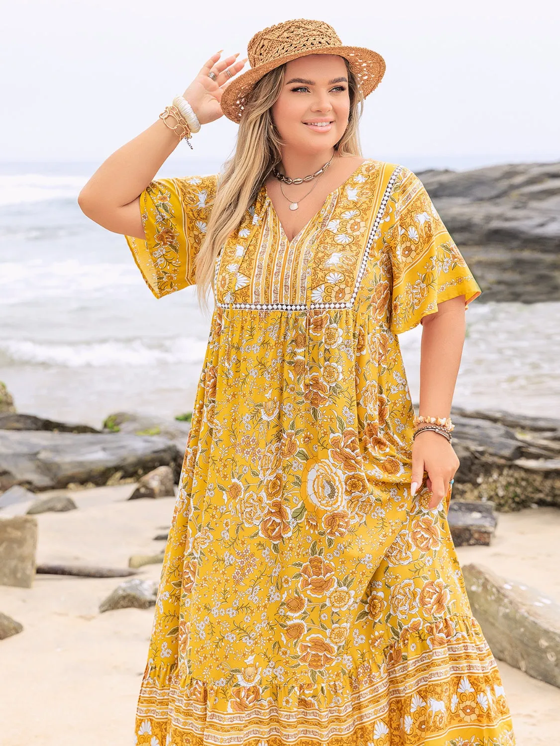 Hazel Blues® | Floral Tie Neck Flutter Sleeve Maxi Dress