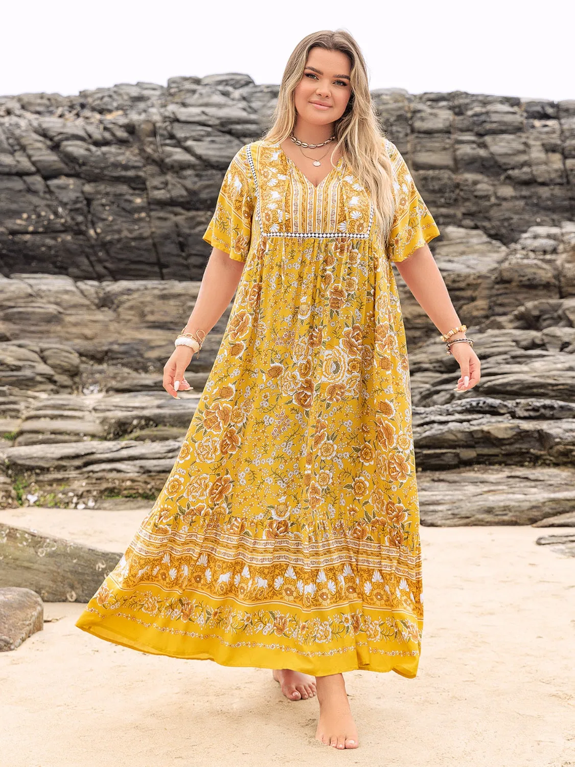 Hazel Blues® | Floral Tie Neck Flutter Sleeve Maxi Dress