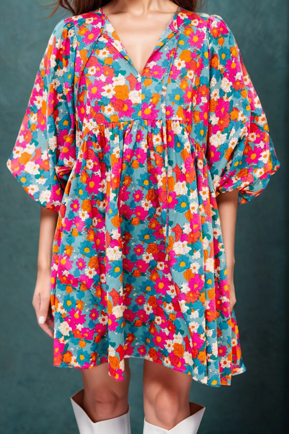 Hazel Blues® |  Floral Tie Neck Puff Sleeve Mini Dress