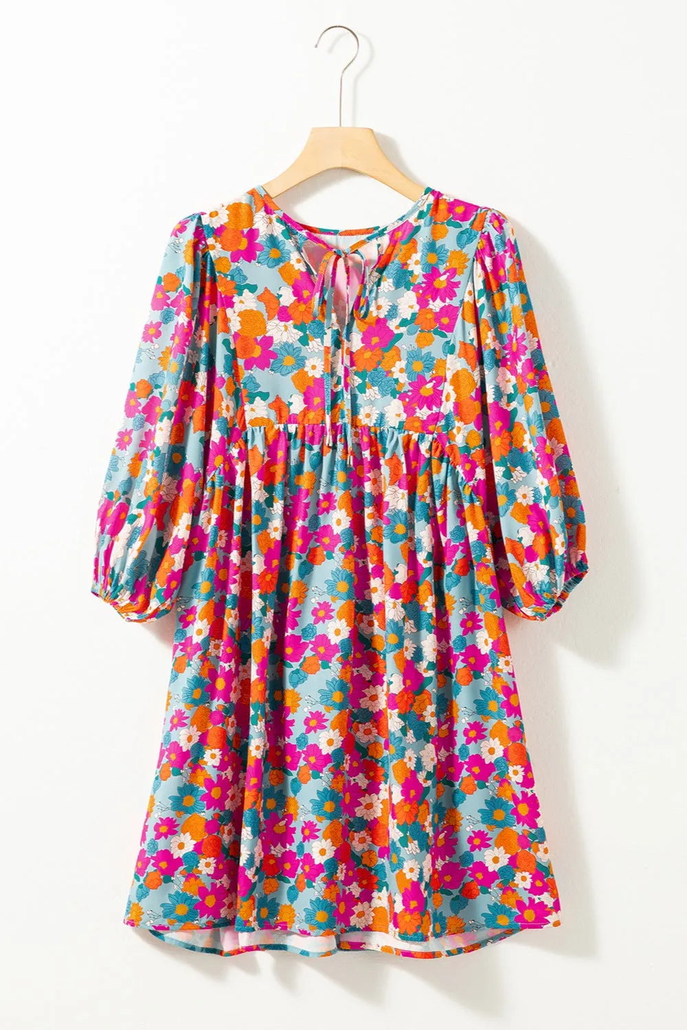 Hazel Blues® |  Floral Tie Neck Puff Sleeve Mini Dress