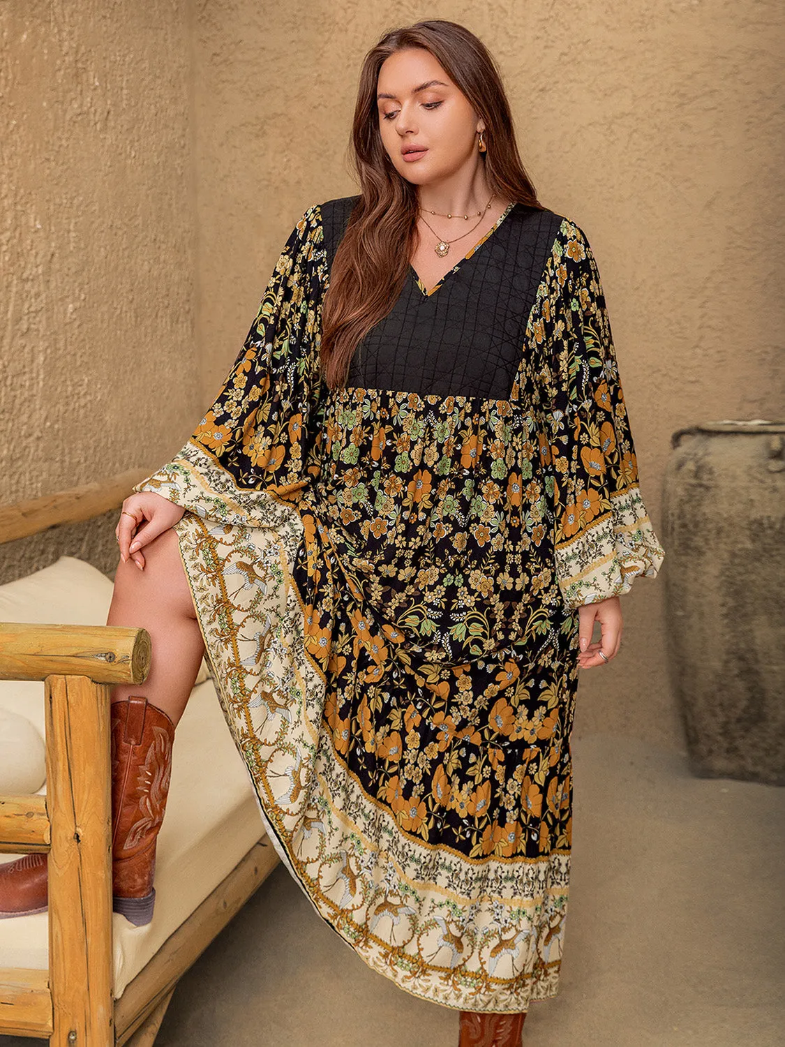 Hazel Blues® |  Floral V-Neck Balloon Sleeve Midi Dress