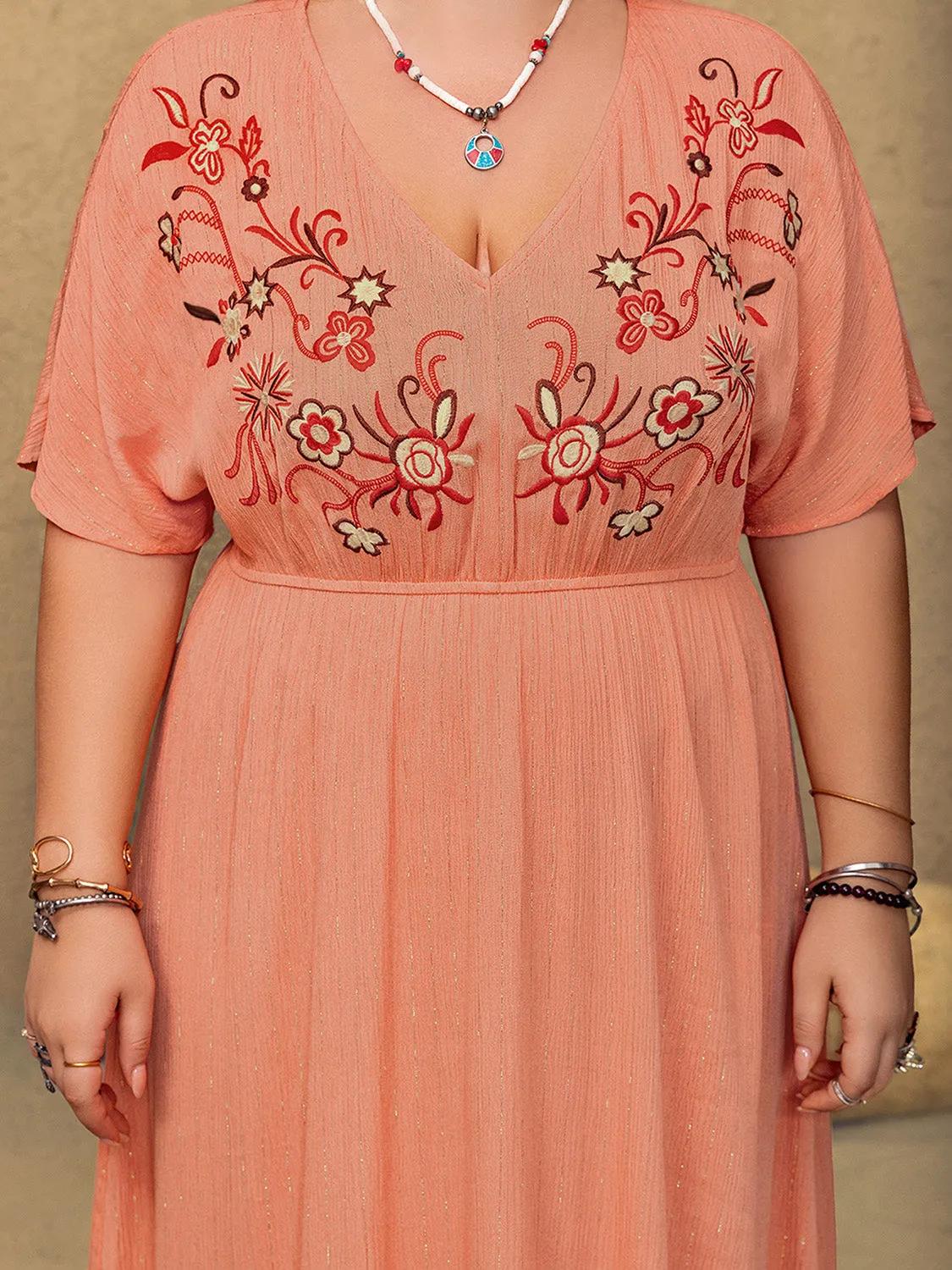 Hazel Blues® | Frill Embroidered V-Neck Half Sleeve Maxi Dress