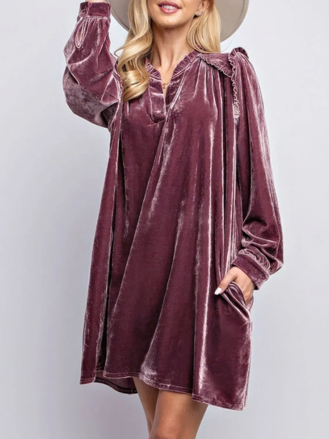 Hazel Blues® |  Frill Notched Long Sleeve Dress with Pockets