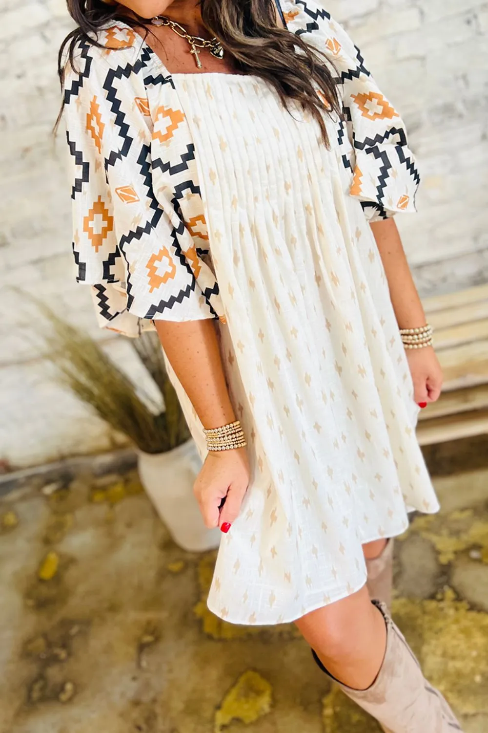 Hazel Blues® |  Geometric Square Neck Half Sleeve Mini Dress