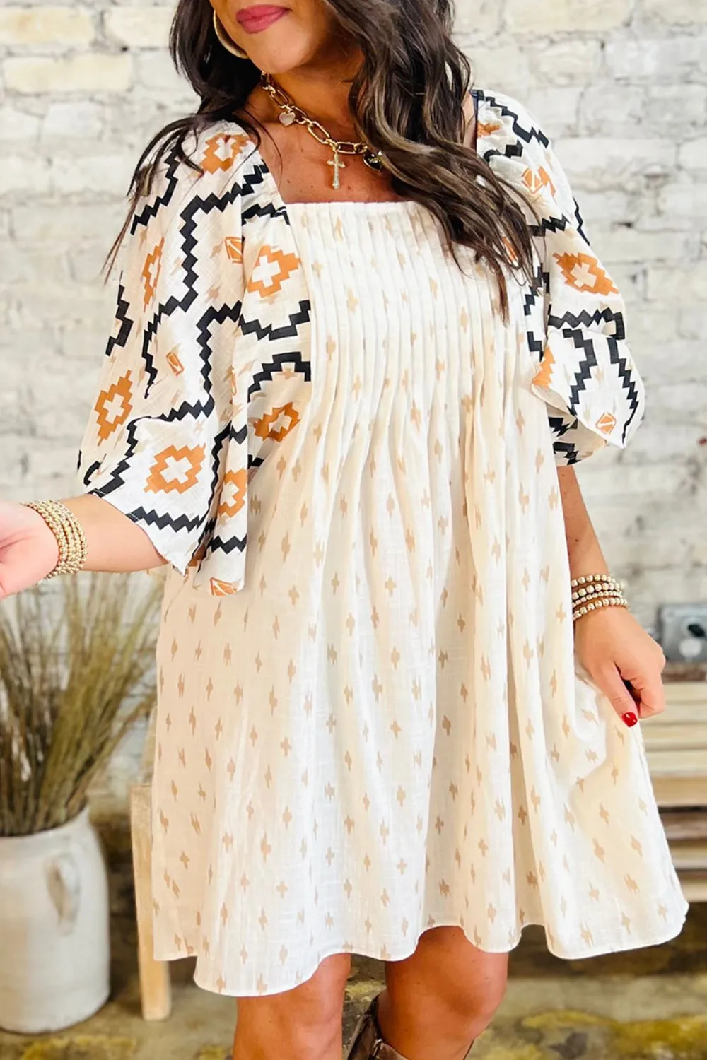 Hazel Blues® |  Geometric Square Neck Half Sleeve Mini Dress