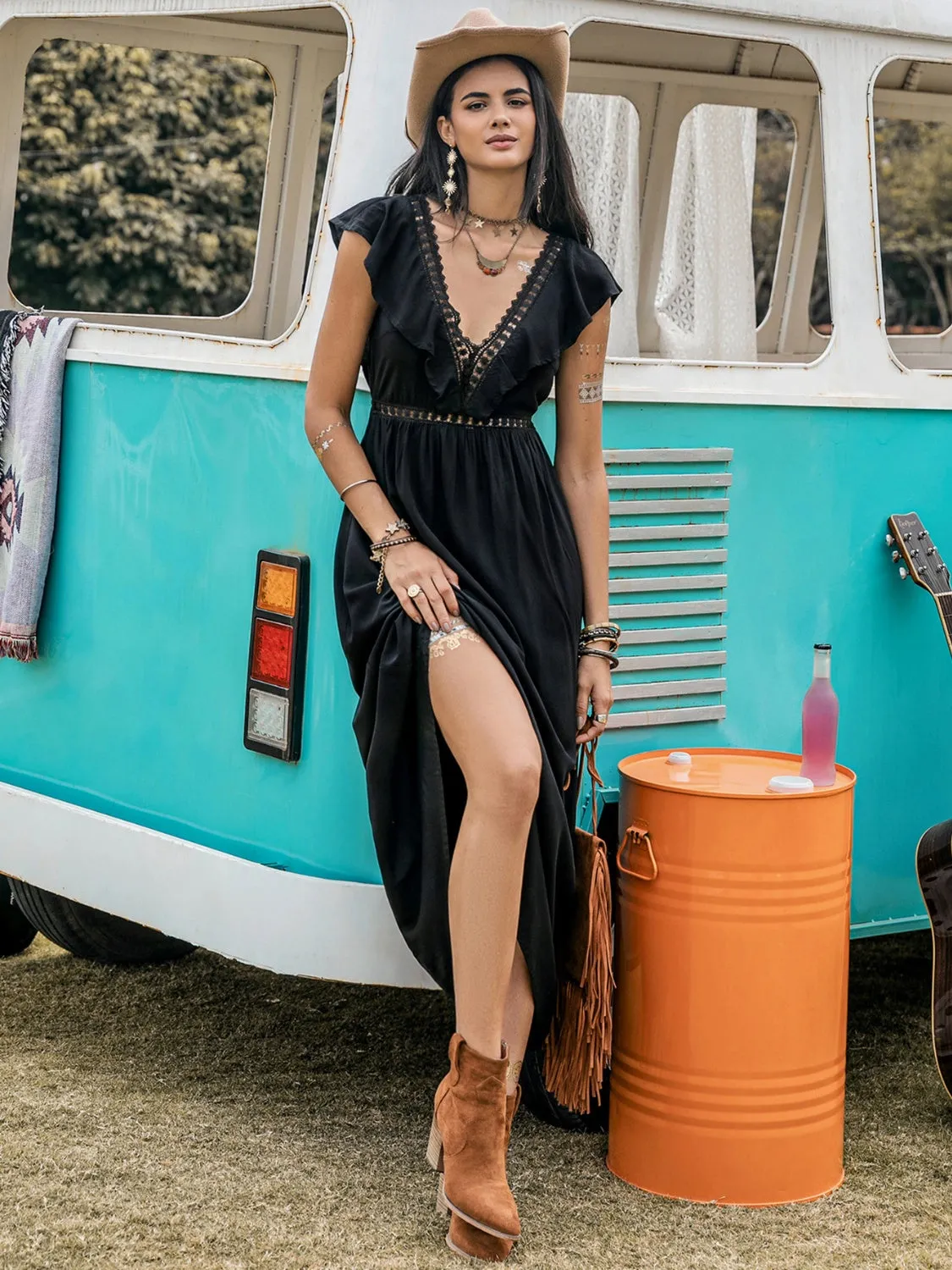 Hazel Blues® |  Lace Detail Plunge Cap Sleeve Midi Dress