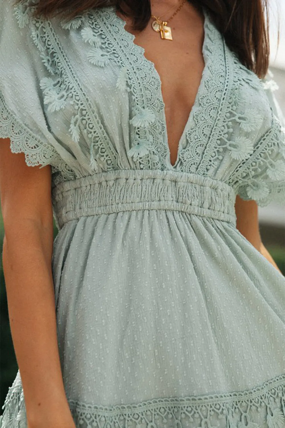 Hazel Blues® |  Lace Detail Plunge Short Sleeve Mini Dress