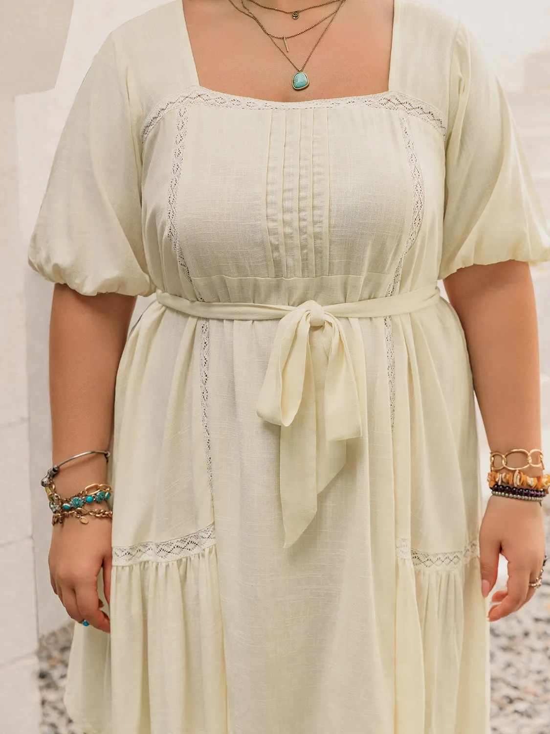 Hazel Blues® | Lace Detail Square Neck Puff Sleeve Mini Dress