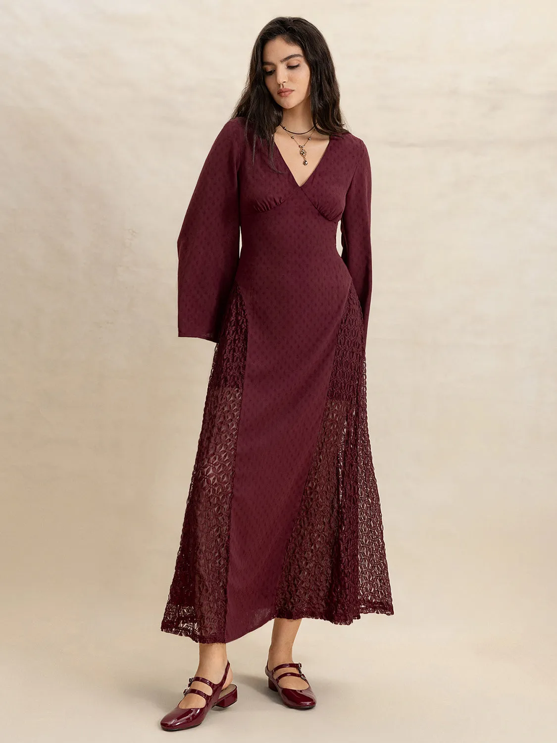 Hazel Blues® |  Lace Patchwork V-Neck Long Sleeve Midi Dress