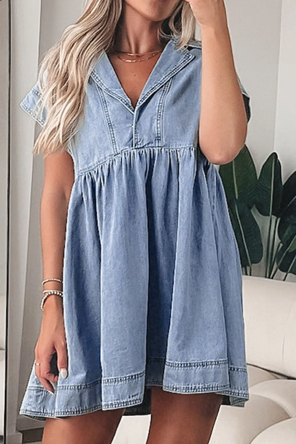Hazel Blues® |  Lapel Neck Cap Sleeve Denim Babydoll Dress