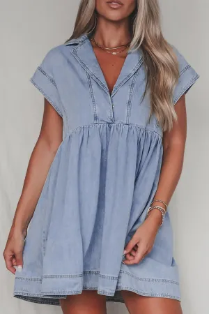 Hazel Blues® |  Lapel Neck Cap Sleeve Denim Babydoll Dress