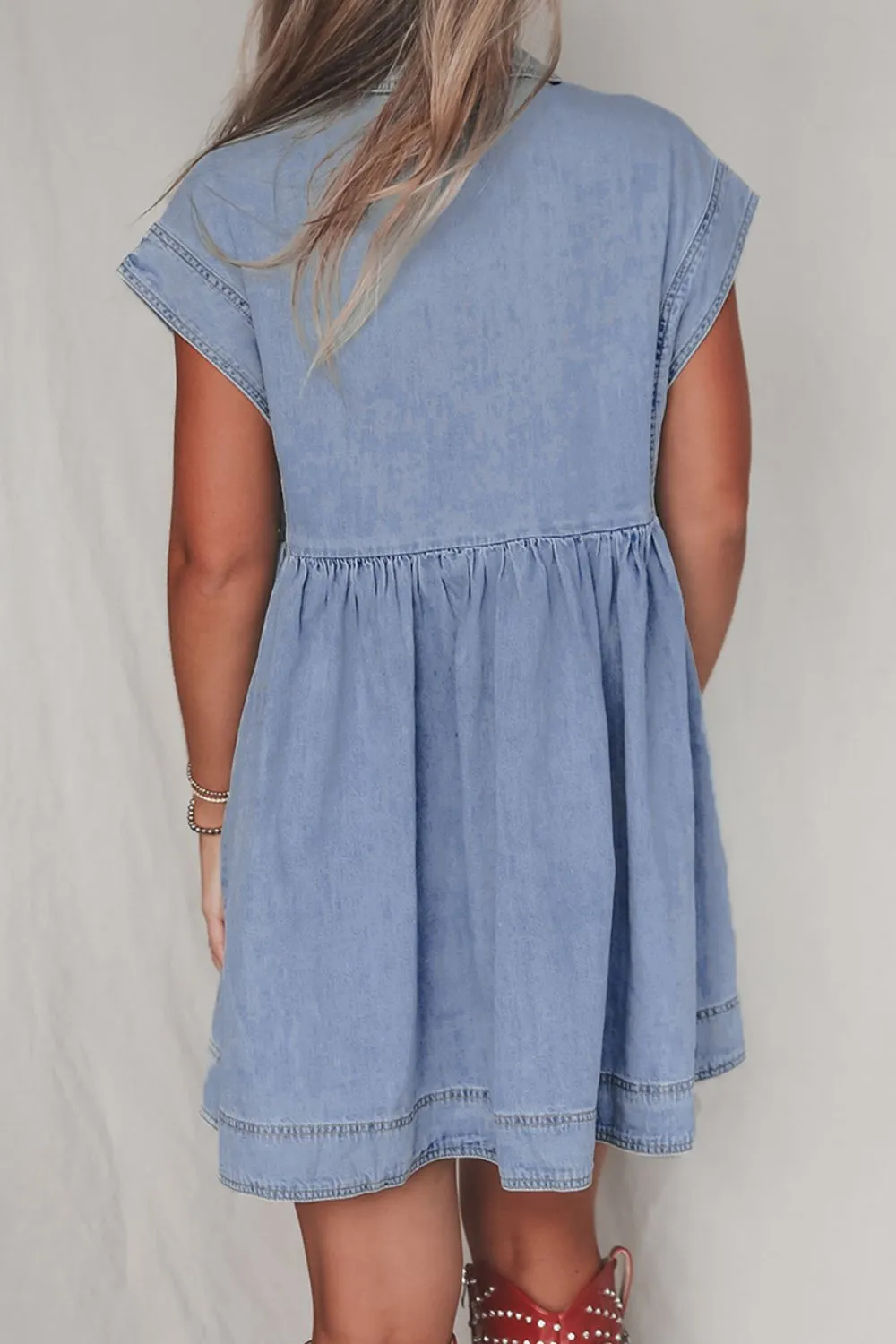 Hazel Blues® |  Lapel Neck Cap Sleeve Denim Babydoll Dress