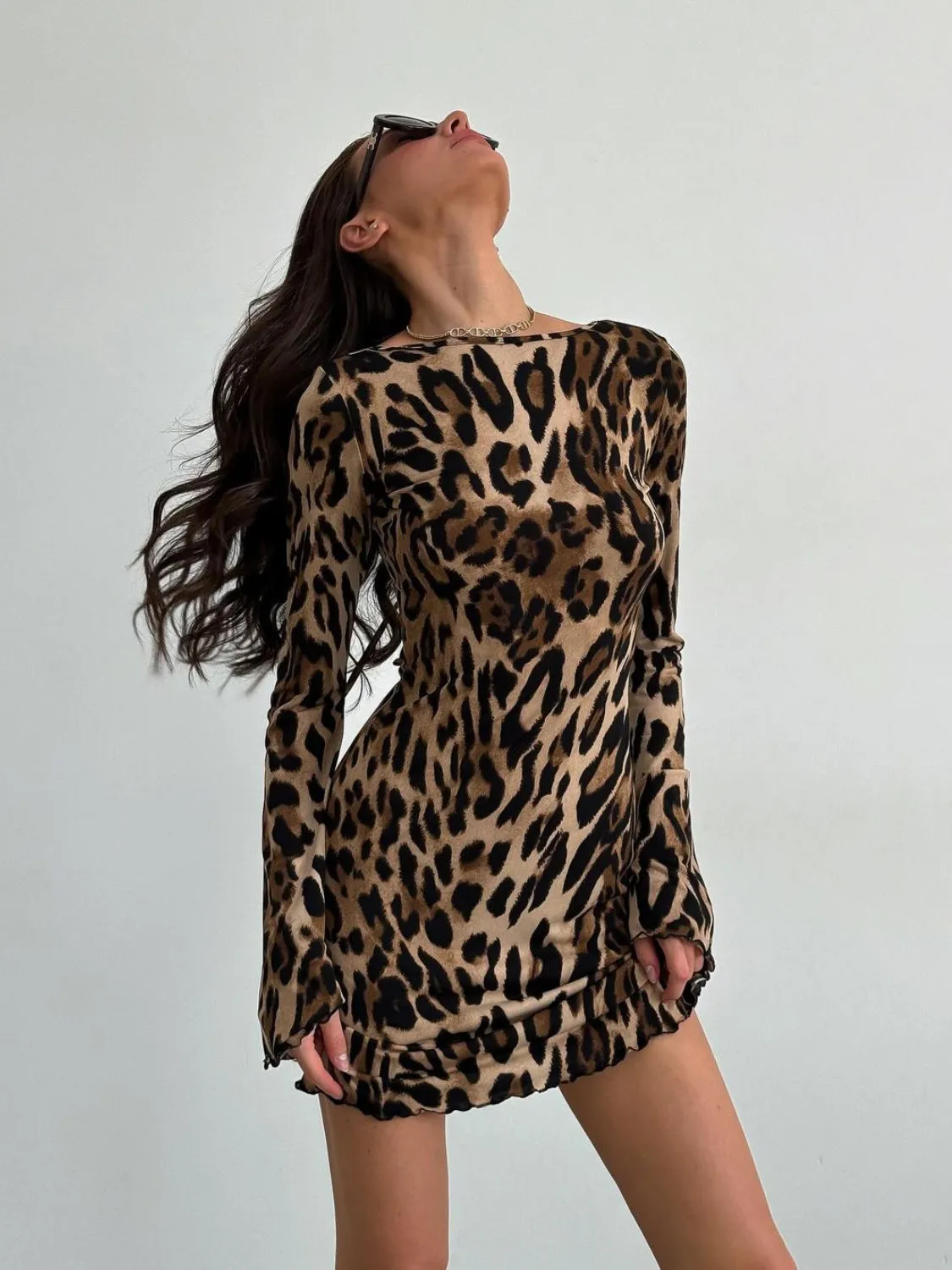 Hazel Blues® |  Leopard Backless Long Sleeve Mini Dress