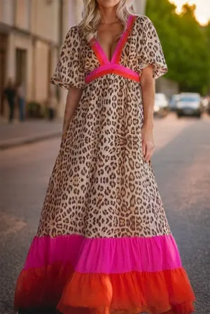 Hazel Blues® |  Leopard V-Neck Half Sleeve Maxi Dress