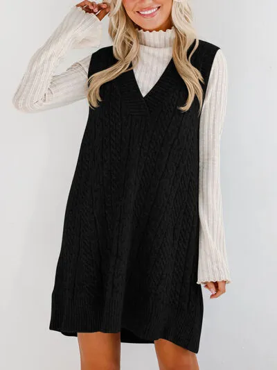 Hazel Blues® |  Lovelet Cable Knit V-Neck Mini Sweater Overall Dress