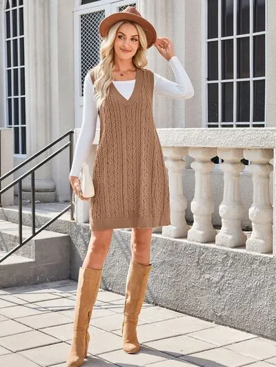 Hazel Blues® |  Lovelet Cable Knit V-Neck Mini Sweater Overall Dress