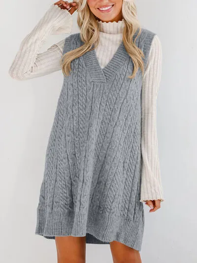 Hazel Blues® |  Lovelet Cable Knit V-Neck Mini Sweater Overall Dress
