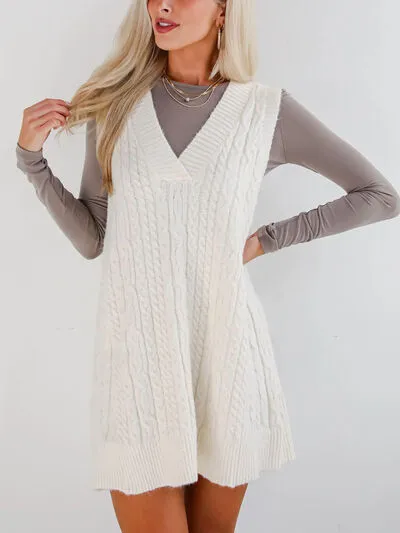 Hazel Blues® |  Lovelet Cable Knit V-Neck Mini Sweater Overall Dress