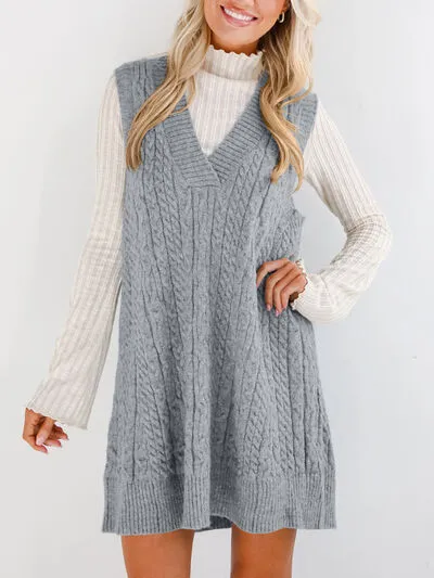 Hazel Blues® |  Lovelet Cable Knit V-Neck Mini Sweater Overall Dress