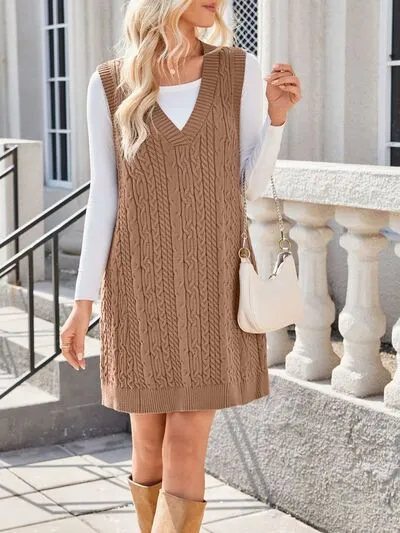 Hazel Blues® |  Lovelet Cable Knit V-Neck Mini Sweater Overall Dress