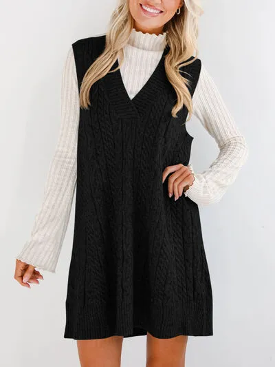 Hazel Blues® |  Lovelet Cable Knit V-Neck Mini Sweater Overall Dress