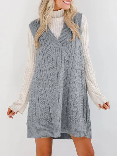 Hazel Blues® |  Lovelet Cable Knit V-Neck Mini Sweater Overall Dress