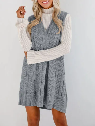 Hazel Blues® |  Lovelet Cable Knit V-Neck Mini Sweater Overall Dress