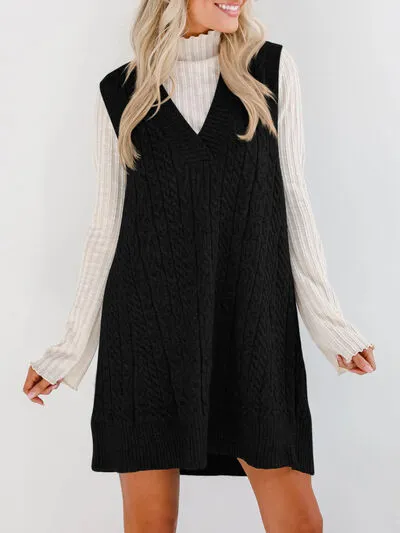 Hazel Blues® |  Lovelet Cable Knit V-Neck Mini Sweater Overall Dress