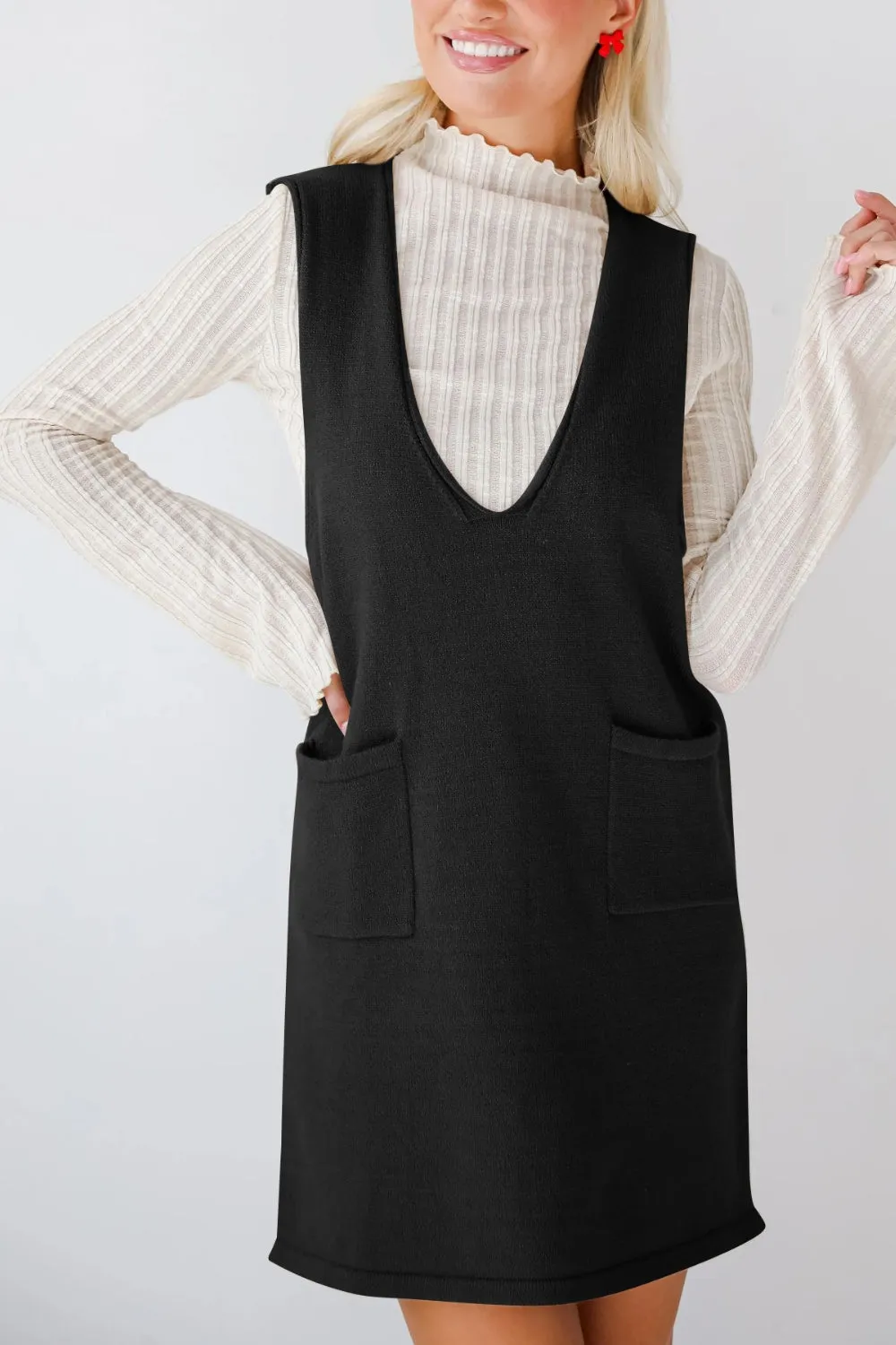 Hazel Blues® |  Lovelet Pocketed V-Neck Mini Sweater Overall Dress