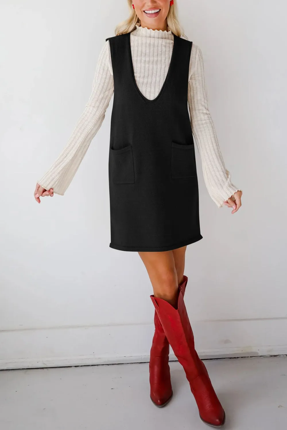 Hazel Blues® |  Lovelet Pocketed V-Neck Mini Sweater Overall Dress