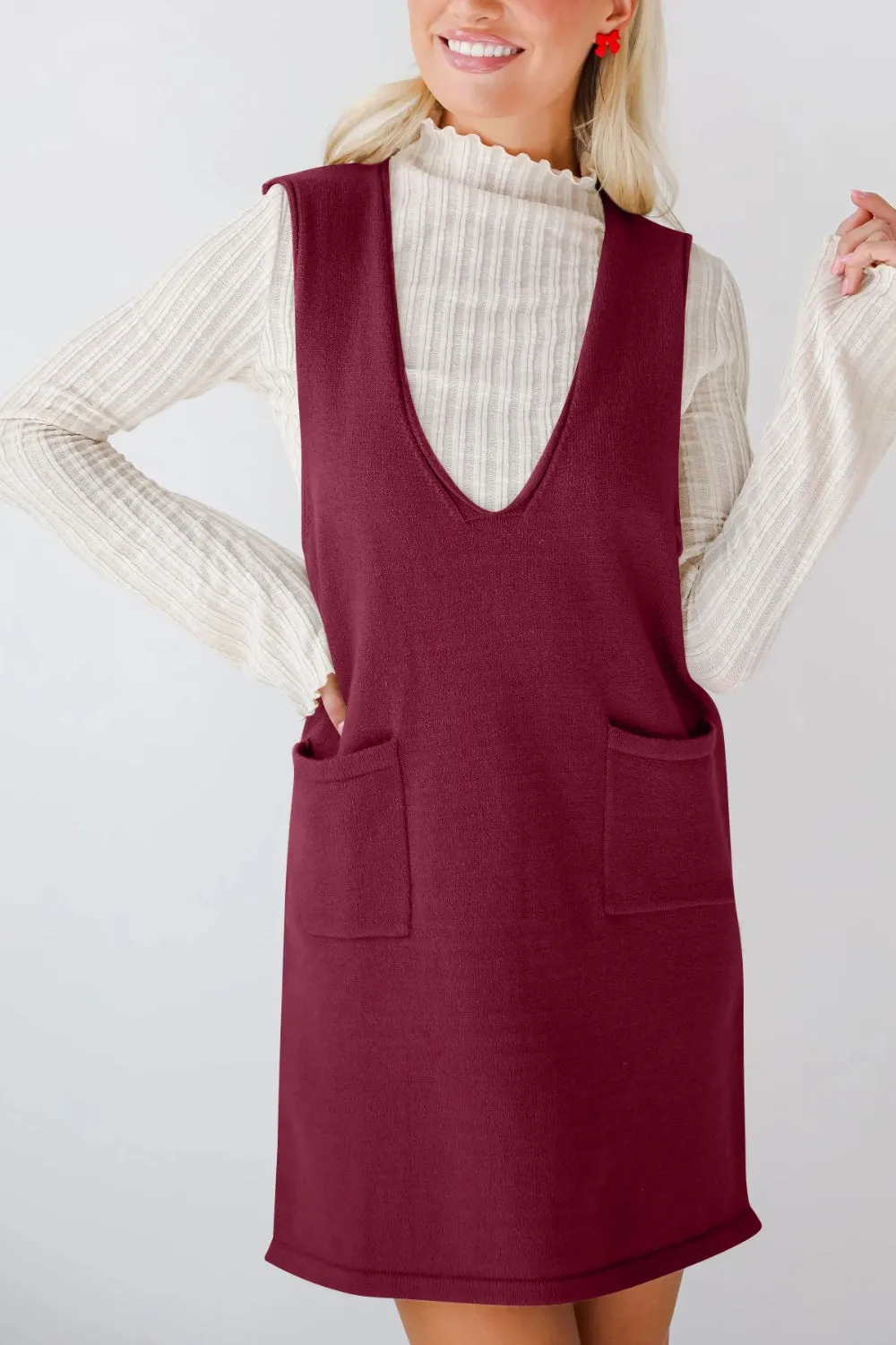 Hazel Blues® |  Lovelet Pocketed V-Neck Mini Sweater Overall Dress