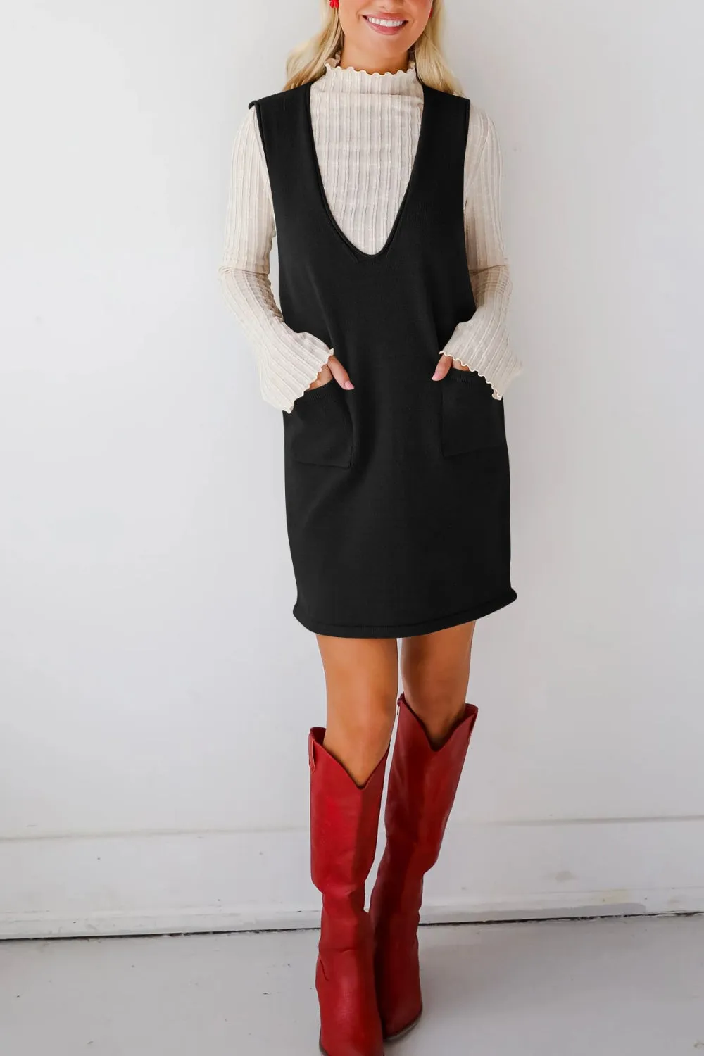 Hazel Blues® |  Lovelet Pocketed V-Neck Mini Sweater Overall Dress