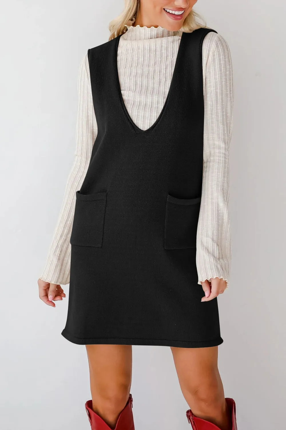 Hazel Blues® |  Lovelet Pocketed V-Neck Mini Sweater Overall Dress
