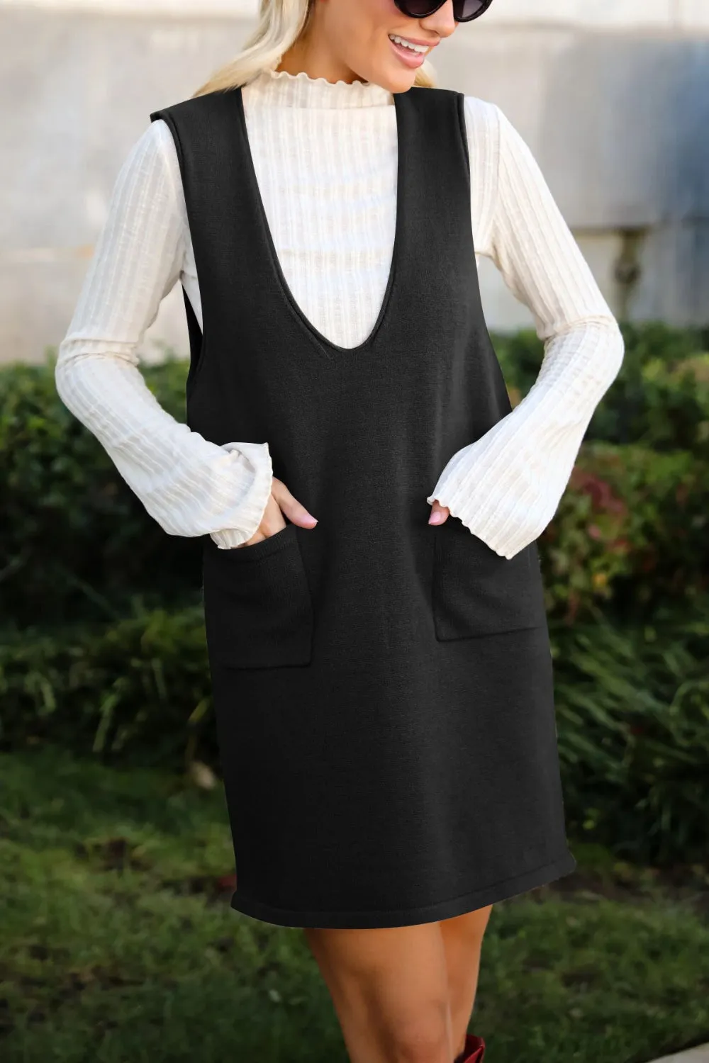 Hazel Blues® |  Lovelet Pocketed V-Neck Mini Sweater Overall Dress