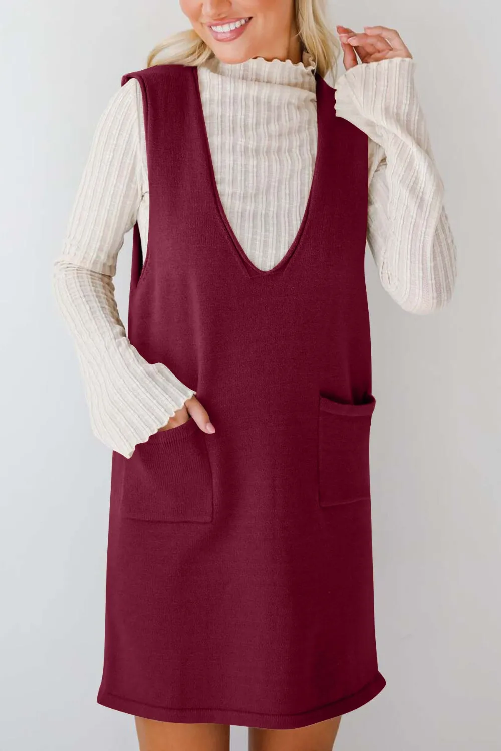 Hazel Blues® |  Lovelet Pocketed V-Neck Mini Sweater Overall Dress