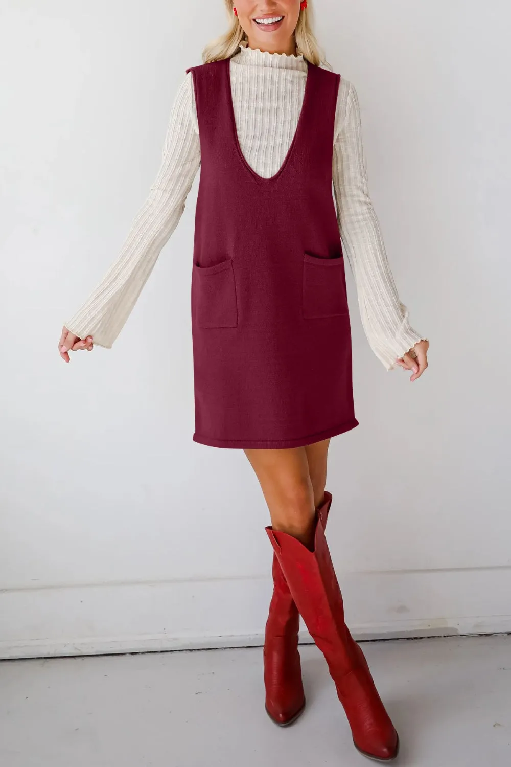Hazel Blues® |  Lovelet Pocketed V-Neck Mini Sweater Overall Dress