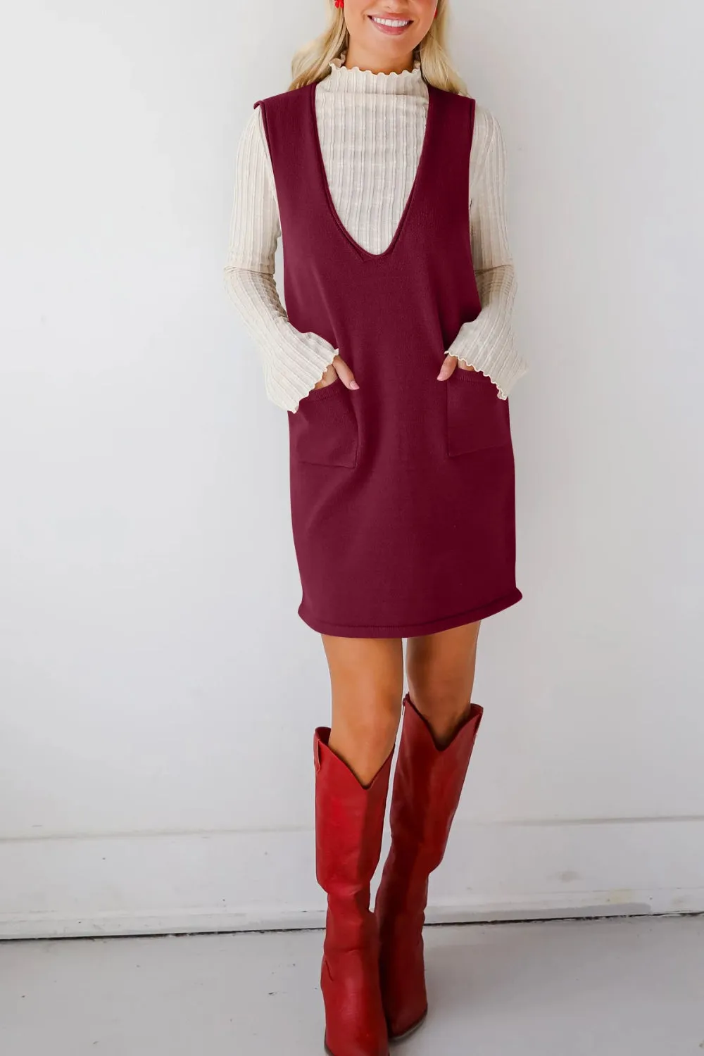 Hazel Blues® |  Lovelet Pocketed V-Neck Mini Sweater Overall Dress