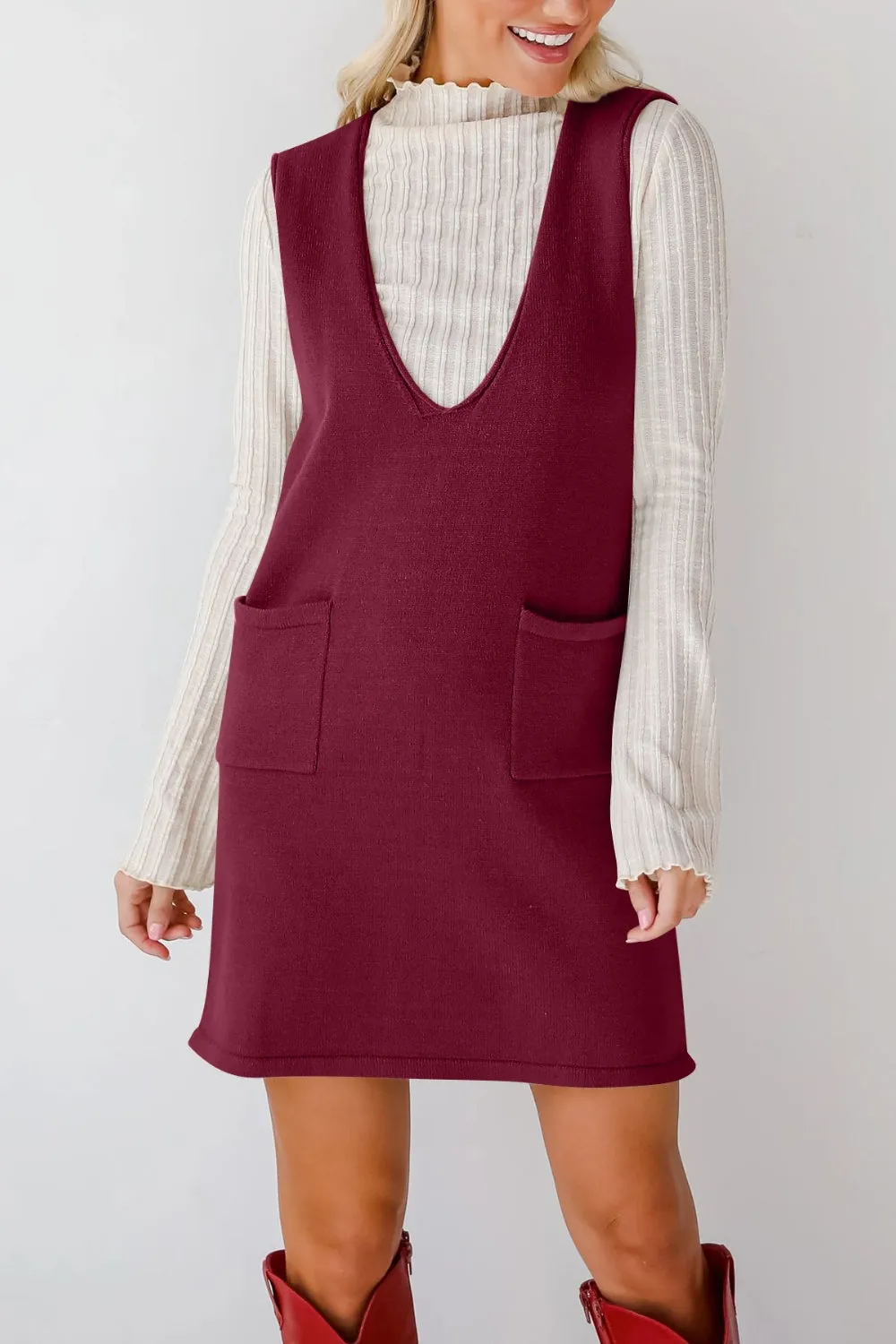 Hazel Blues® |  Lovelet Pocketed V-Neck Mini Sweater Overall Dress