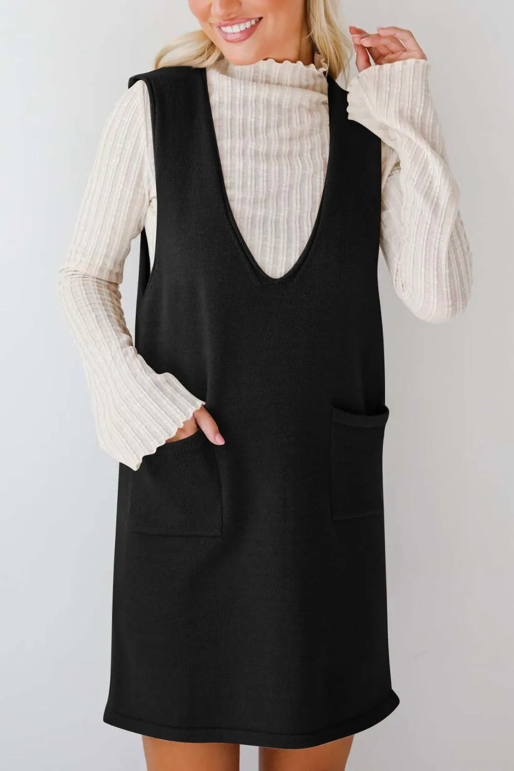 Hazel Blues® |  Lovelet Pocketed V-Neck Mini Sweater Overall Dress