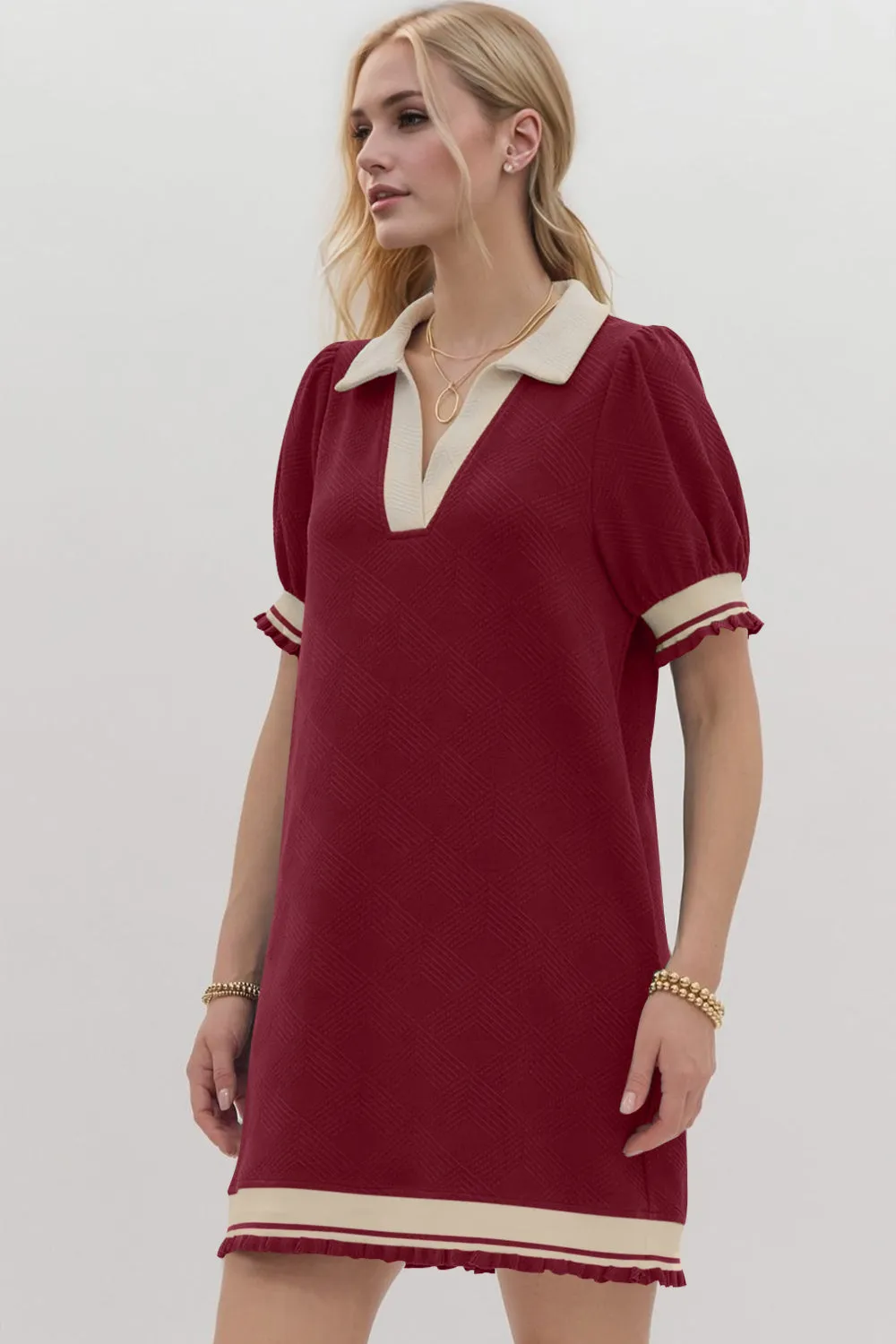 Hazel Blues® |  Oh Frill Contrast Trim Johnny Collar Short Sleeve Mini Dress