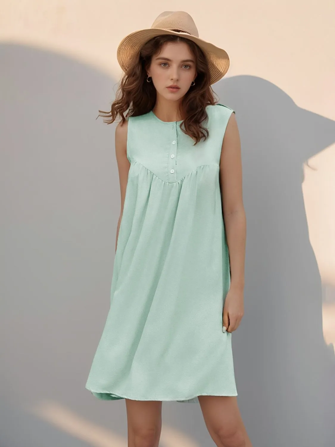 Hazel Blues® |  Perfee Button Detail Round Neck Sleeveless Mini Dress