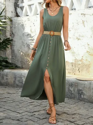 Hazel Blues® |  Perfee Decorative Button Slit Sleeveless Midi Dress