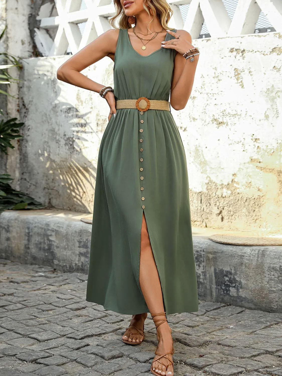 Hazel Blues® |  Perfee Decorative Button Slit Sleeveless Midi Dress