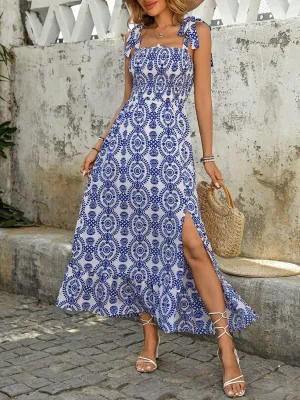 Hazel Blues® |  Perfee Slit Smocked Square Neck Printed Maxi Cami Dress