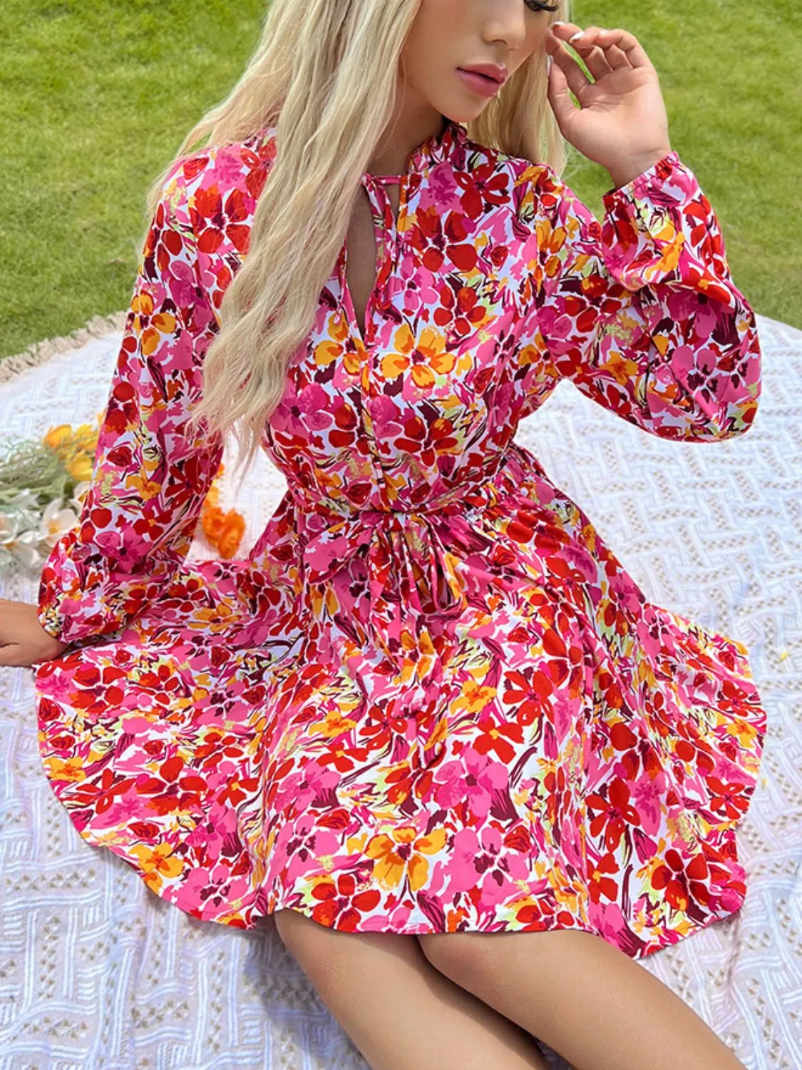 Hazel Blues® |  Perfee Tie Front Printed Long Sleeve Mini Dress