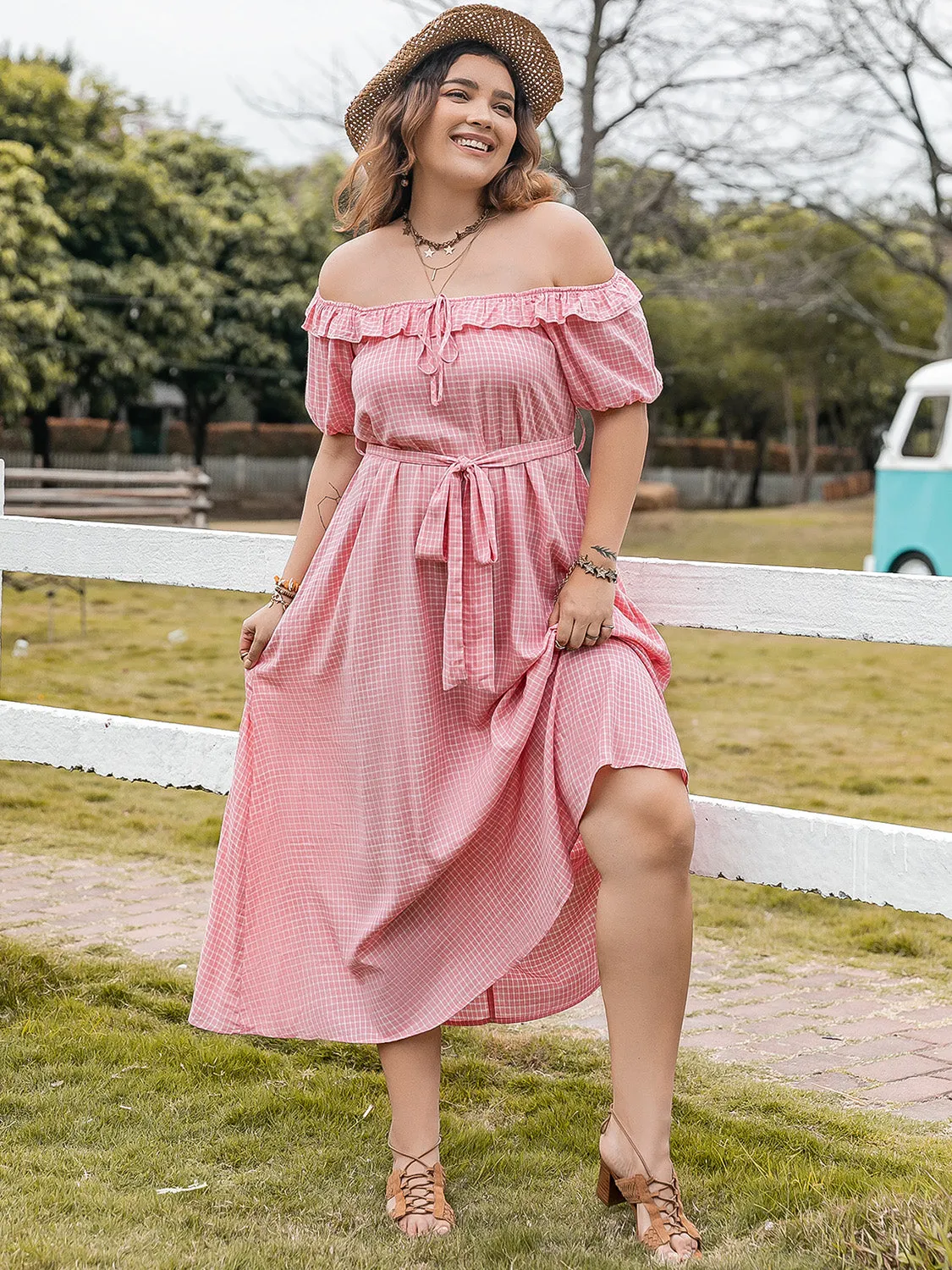 Hazel Blues® | Plaid Off-Shoulder Short Sleeve Midi Dress