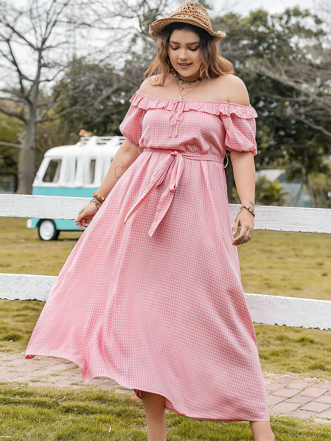 Hazel Blues® | Plaid Off-Shoulder Short Sleeve Midi Dress