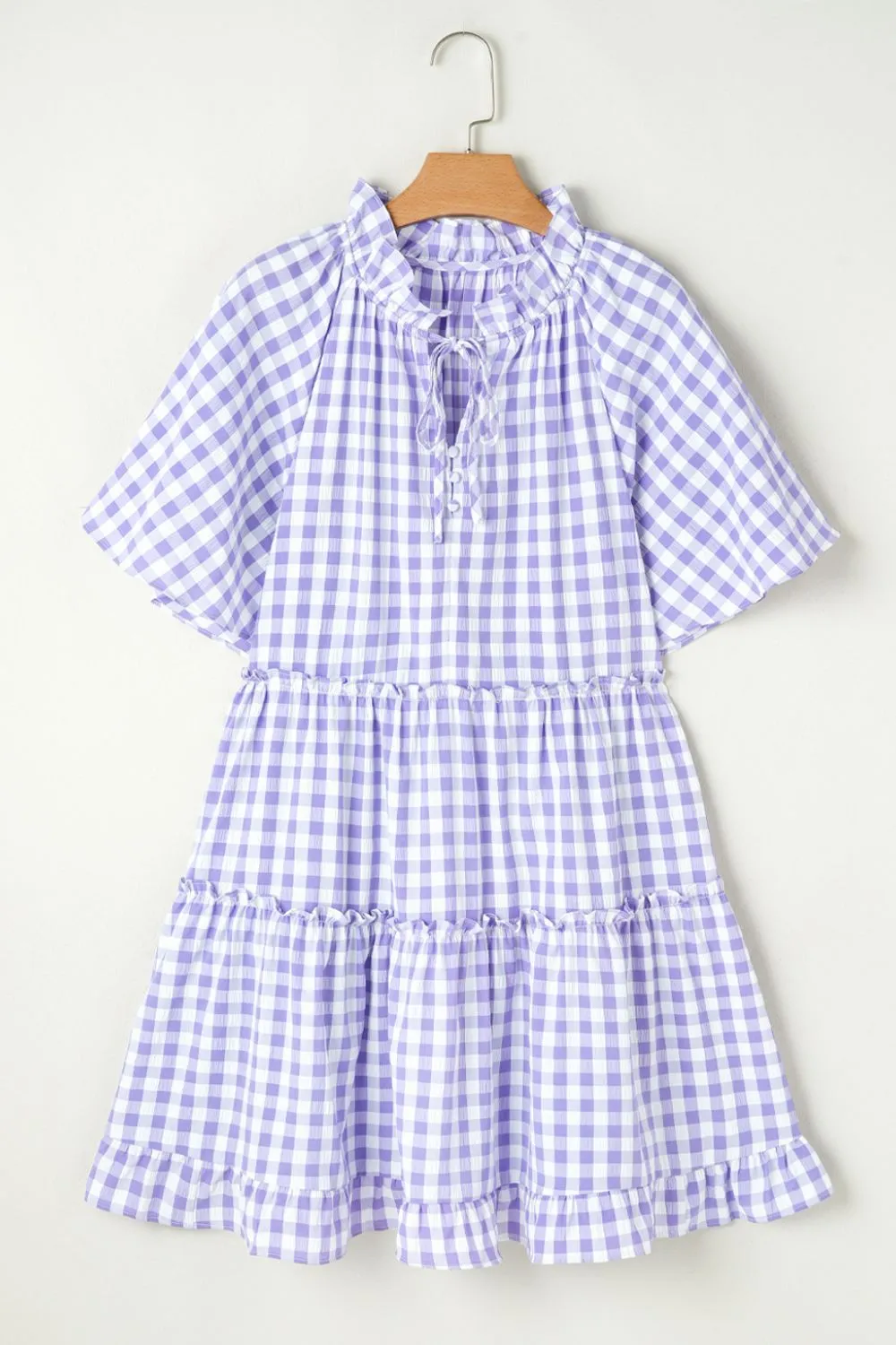 Hazel Blues® |  Plaid Tie Neck Short Sleeve Babydoll Mini Dress